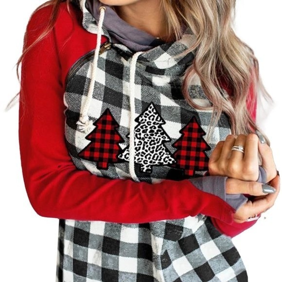 Christmas Tree Plaid Pattern Asymmetric Zip Hoodie light weight - Picture 2 of 12